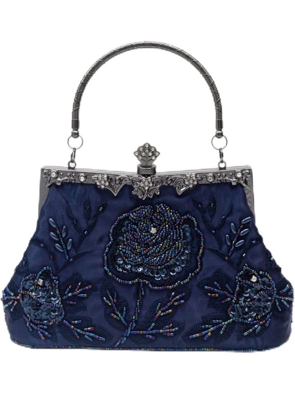 Women Navy Blue Beaded Rose Sequin Kiss Lock Frame Top Handle Evening Bag Clutch